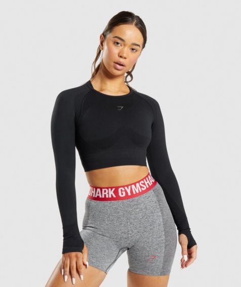 Women's Gymshark Flex Sports Long Sleeve Cropped Tops Black | CA A05618